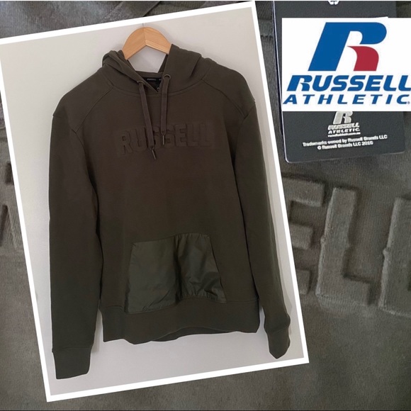 Russell Athletic Sweaters - Womens unisex Russell Athletic embossed logo hoodie jumper front pocket green
